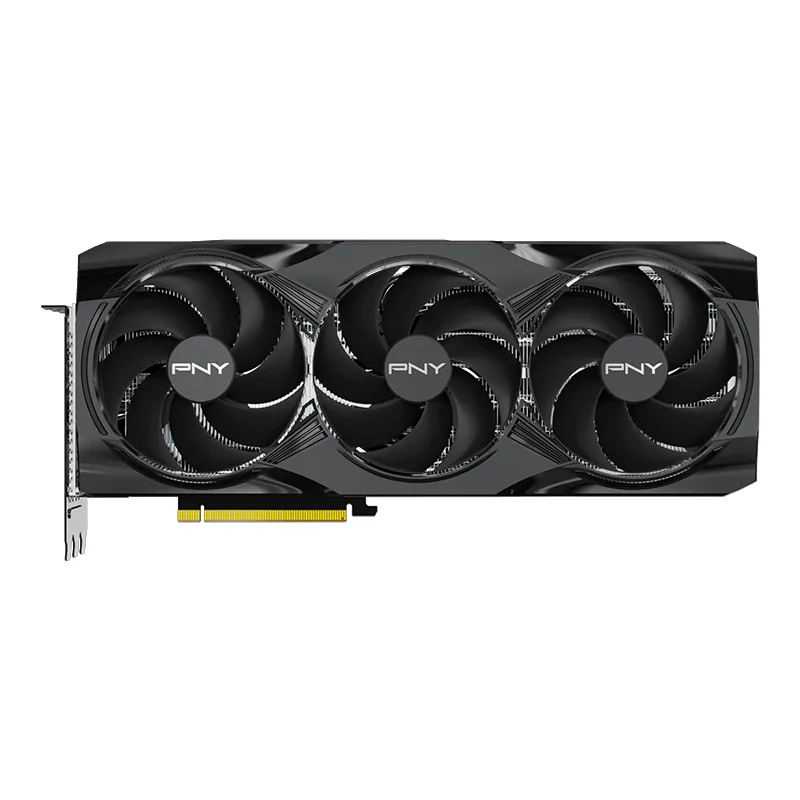 Black graphics card with triple-fan cooler and metal backplate
