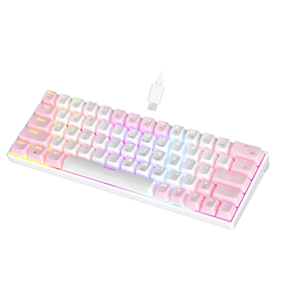 Compact 60 percent mechanical keyboard in white and pink with RGB backlighting and detachable USB cable