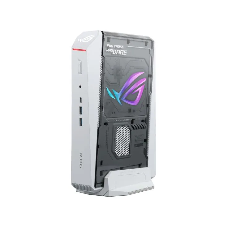 Compact black mini-PC cube with vertical stand and triple-fan cooling