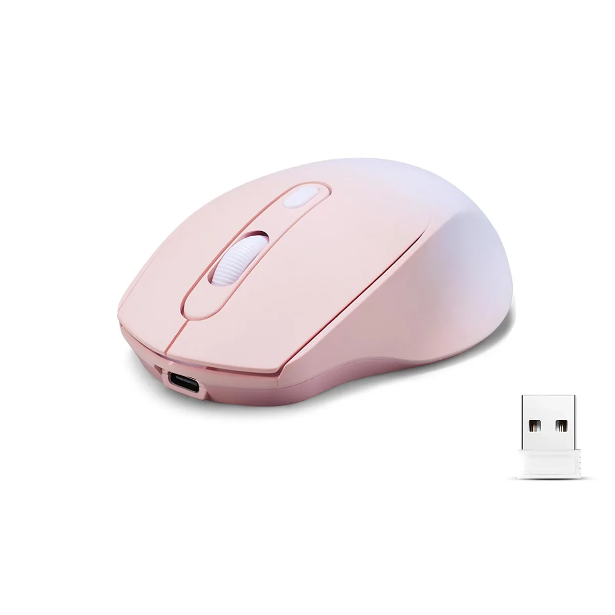 Slim pink wireless mouse with gradient finish, compact oval shape and USB receiver visible