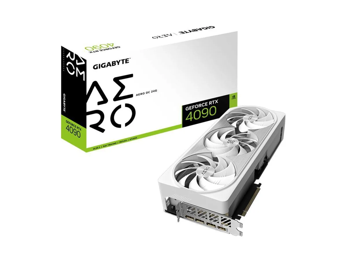Silver triple-fan graphics card with angular shroud and exposed backplate, 300 mm long