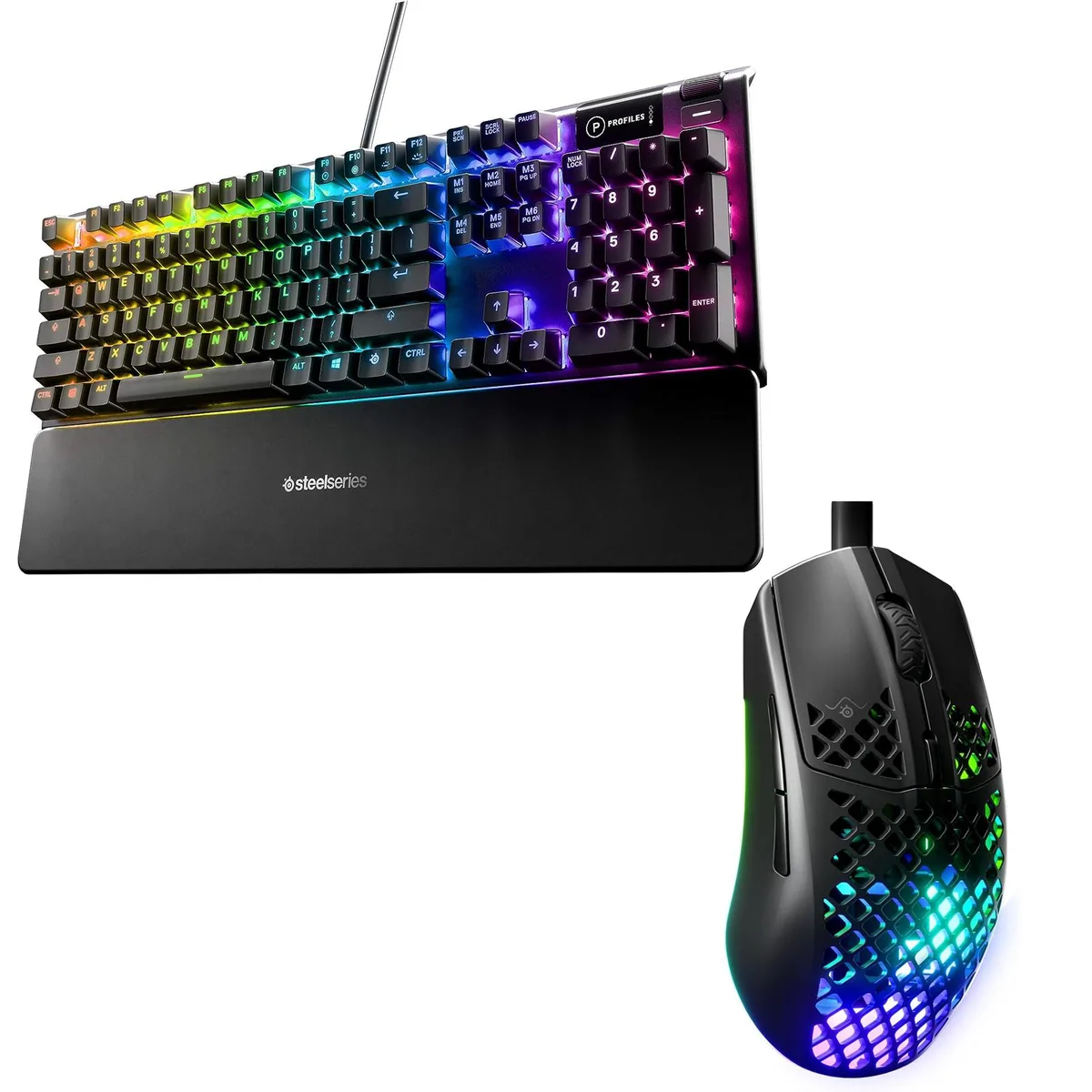 SteelSeries Apex 5 keyboard with aluminium frame, per-key RGB, OLED display, wrist rest, and Aerox 3 holey mouse