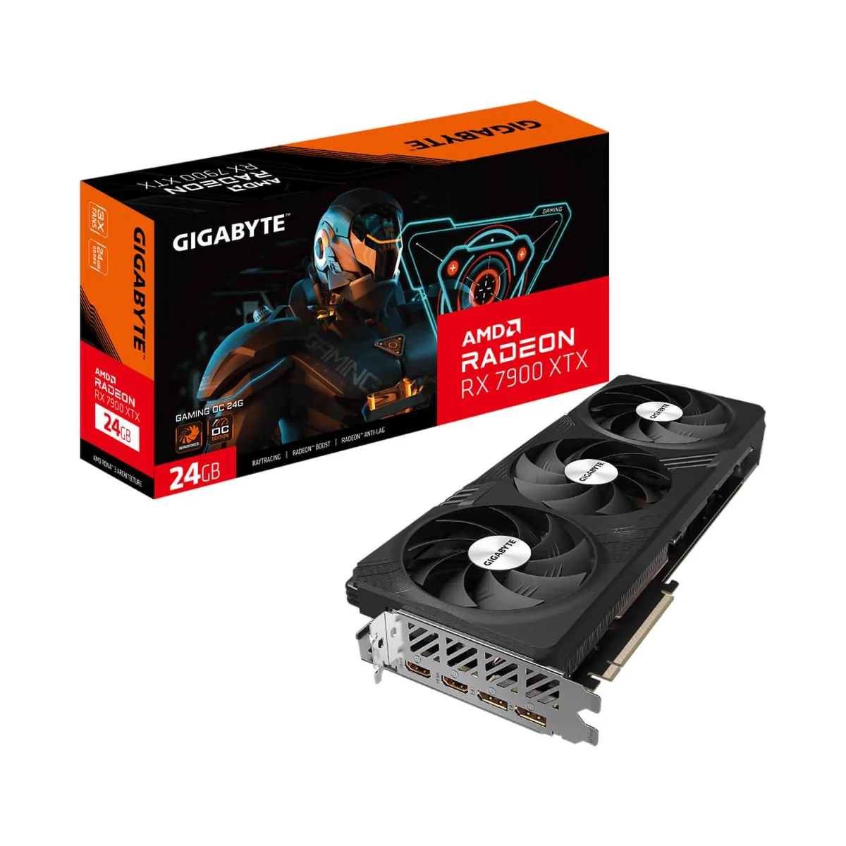 Triple-fan graphics card with silver shroud and metal backplate