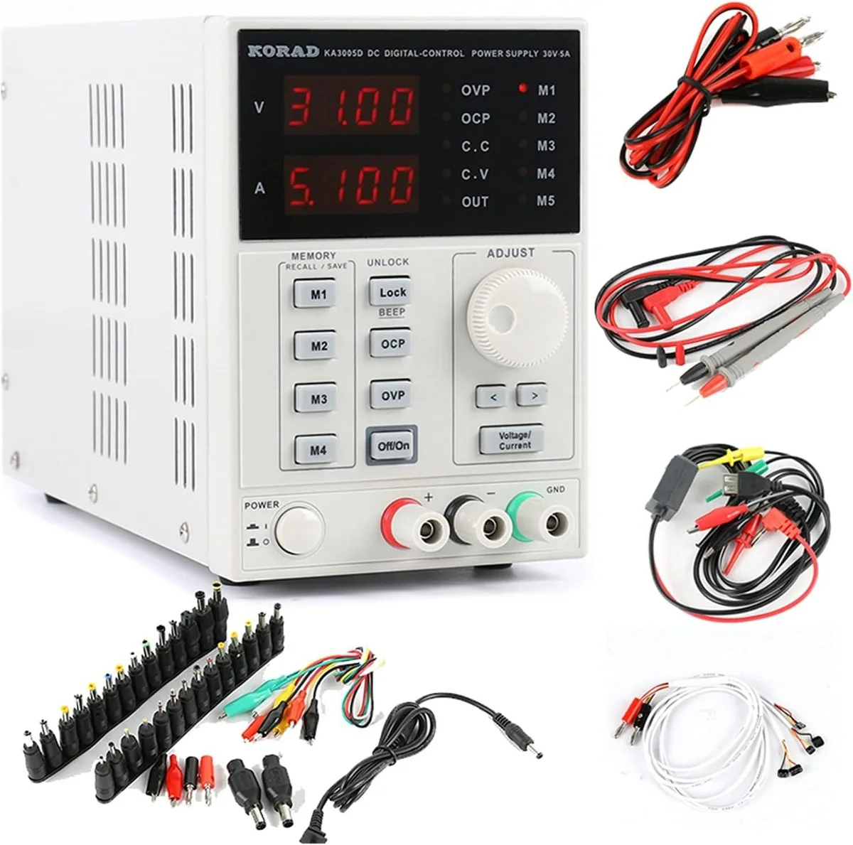 Rectangular bench power supply unit, dark grey front panel, digital display, rotary knobs, output terminals