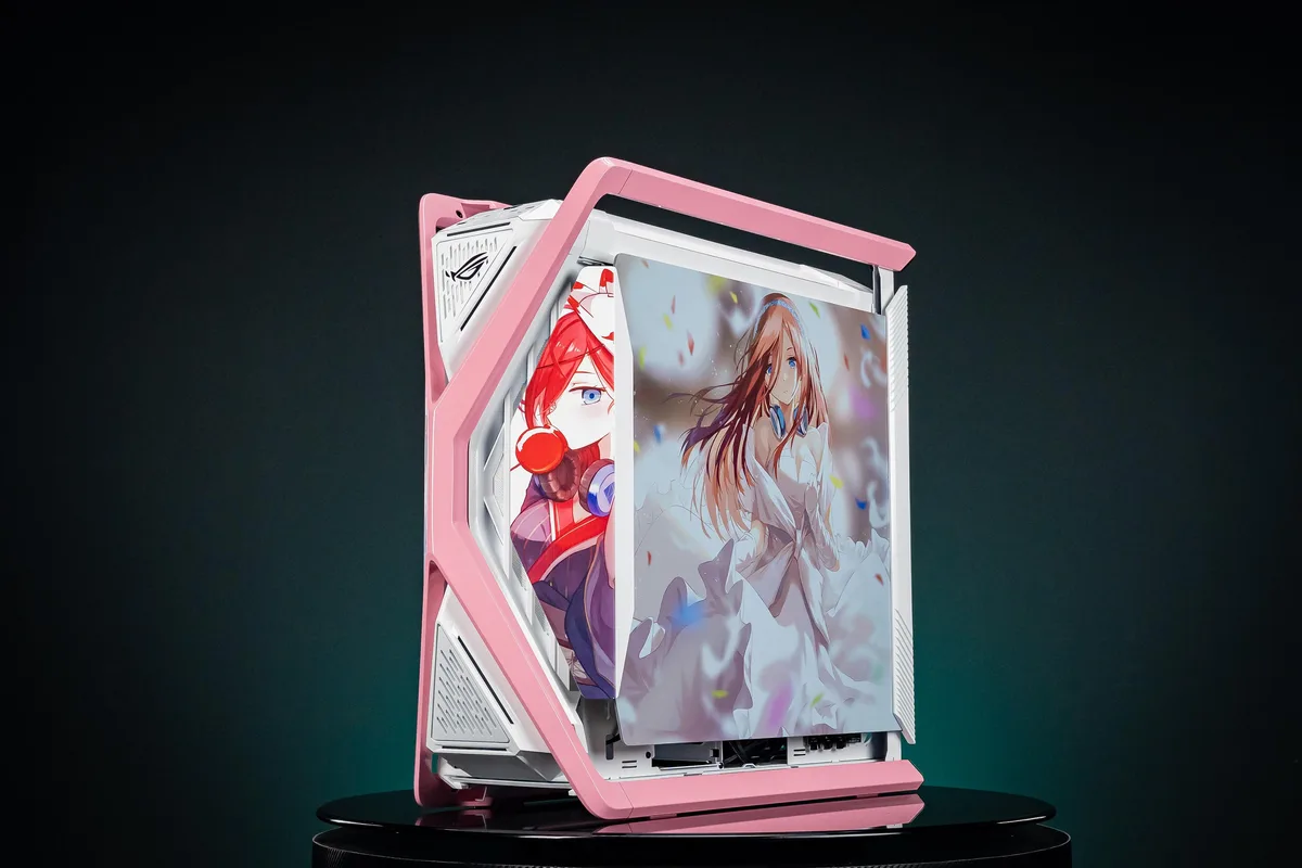 Full-tower E-ATX case with dual tempered glass panels, UV-printed Quintessential Quintuplets artwork