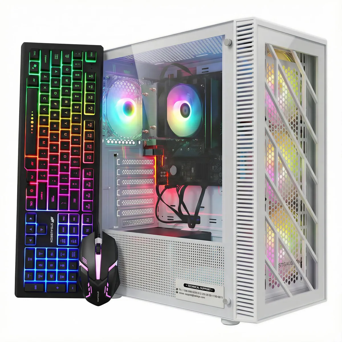 White desktop tower with four RGB fans, matching keyboard and mouse