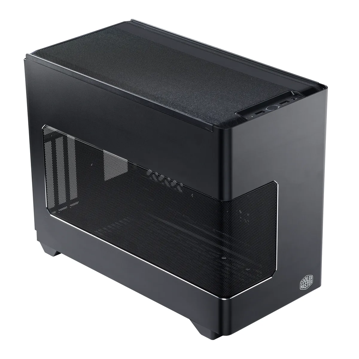 Compact black Mini-ITX tower case with mesh side panel and vertical GPU mount visible