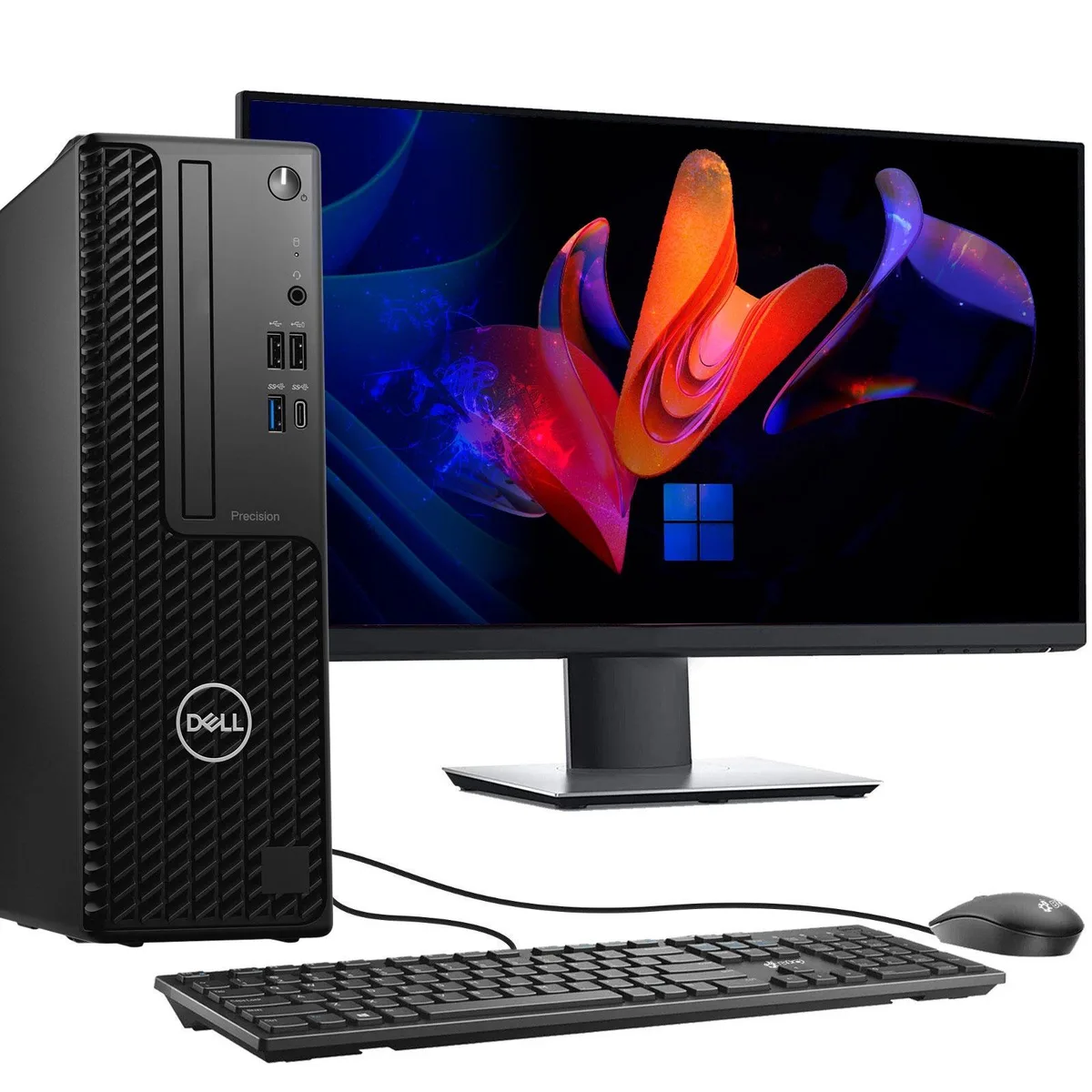 Black small-form-factor desktop tower with a 24-inch monitor, keyboard and mouse