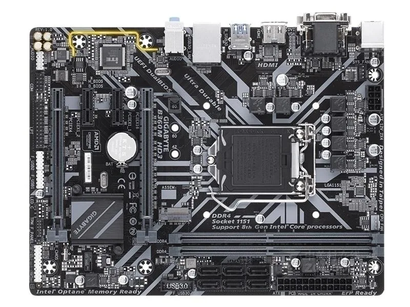 GIGABYTE B360M HD3 Micro-ATX motherboard with DDR4 slots and SATA cable