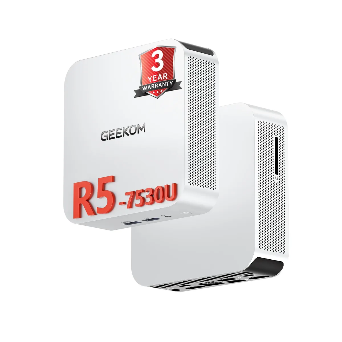 White mini PC, compact metal chassis, 15 watt power supply