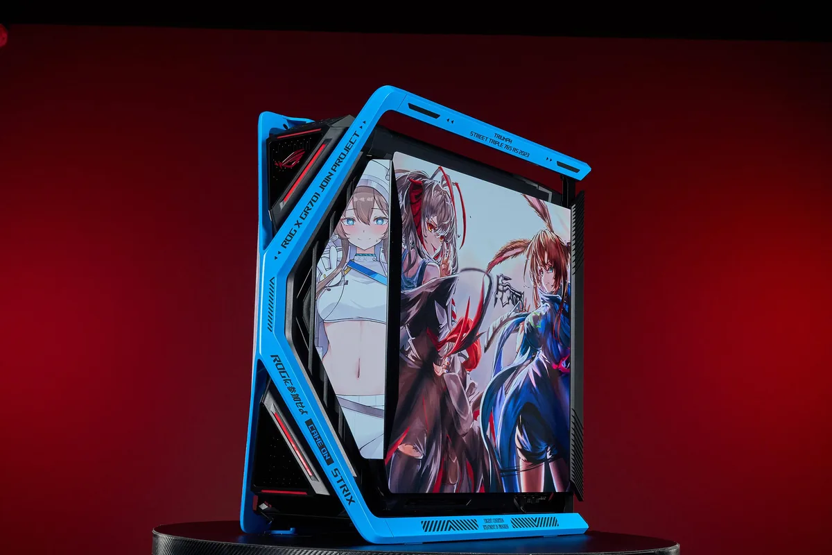 White full-tower E-ATX case with dual tempered glass panels, UV-printed Arknights artwork, four 140 mm fans, metal GPU holder