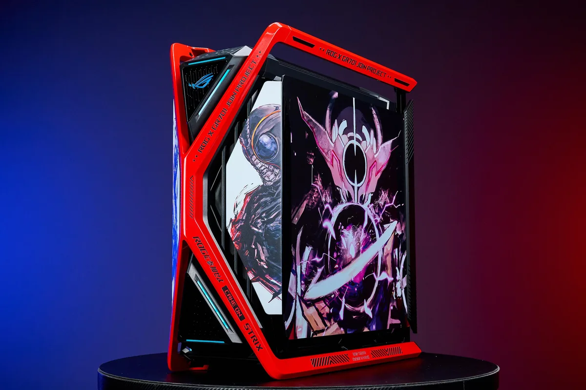 Full-tower E-ATX case with dual tempered-glass panels and Kamen Rider UV graphics