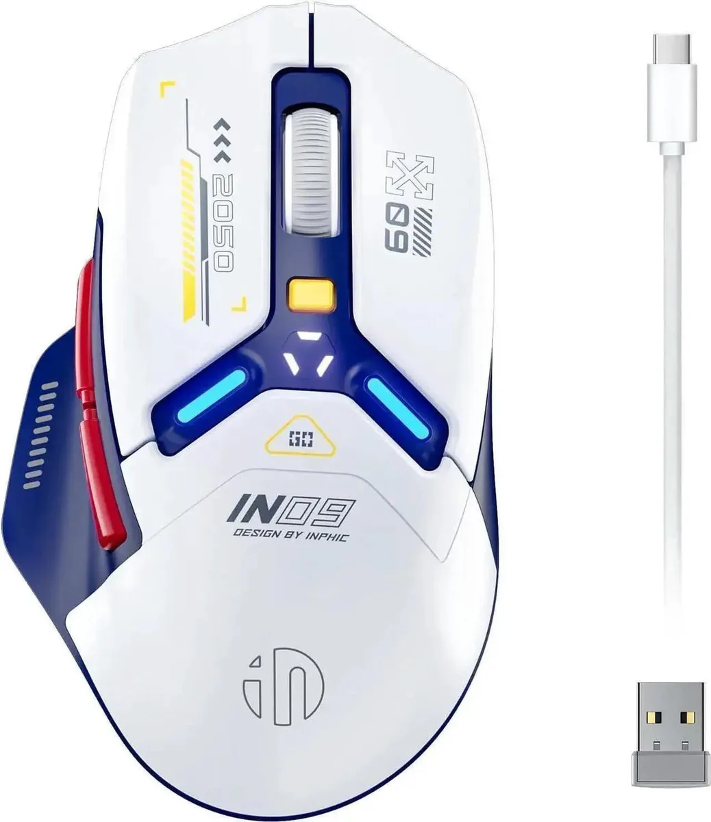 White and blue ergonomic gaming mouse with textured thumb grip and scroll wheel