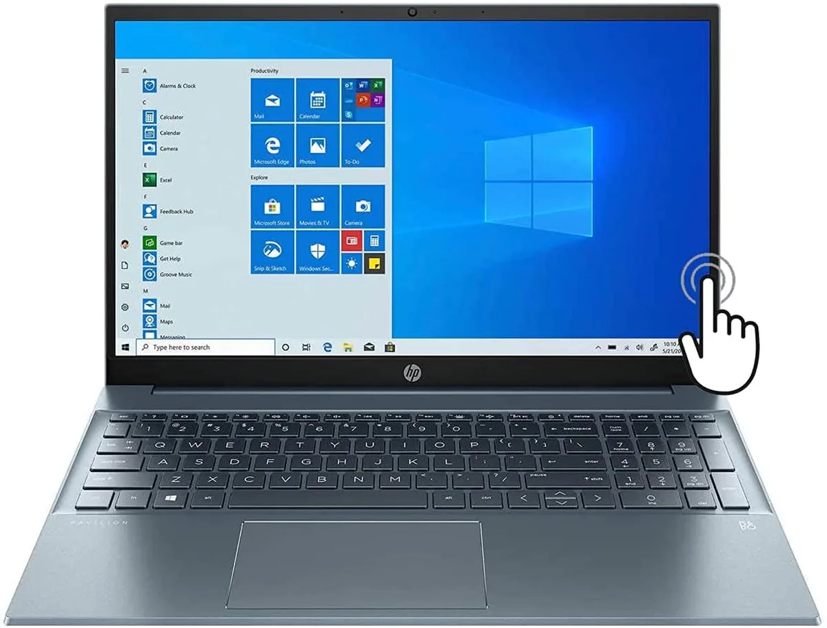 Silver HP Pavilion 15 laptop with 15.6 inch touchscreen display open on desk