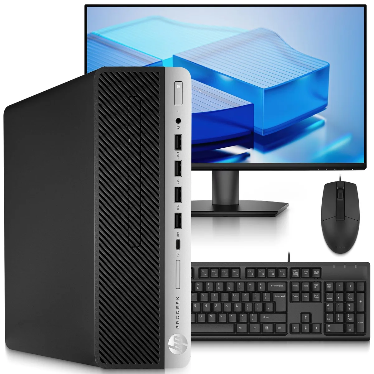 Small black tower PC beside a 24 inch monitor