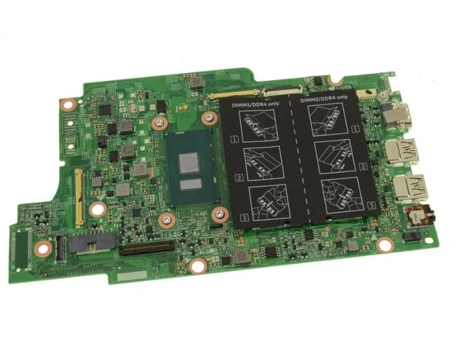 Green rectangular circuit board with silver processor and black connectors