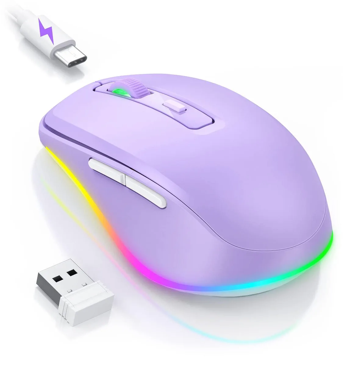 Purple right-handed gaming mouse with 16 buttons and RGB lighting