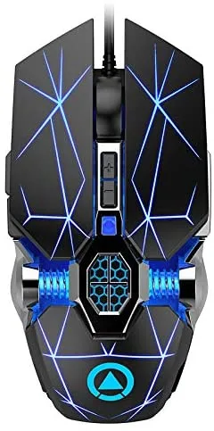 Wired black gaming mouse with ergonomic shape and RGB lighting