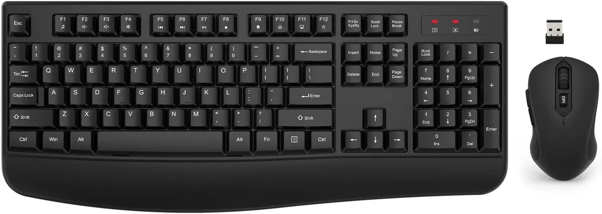 Full-size wireless keyboard with wrist rest and matching mouse