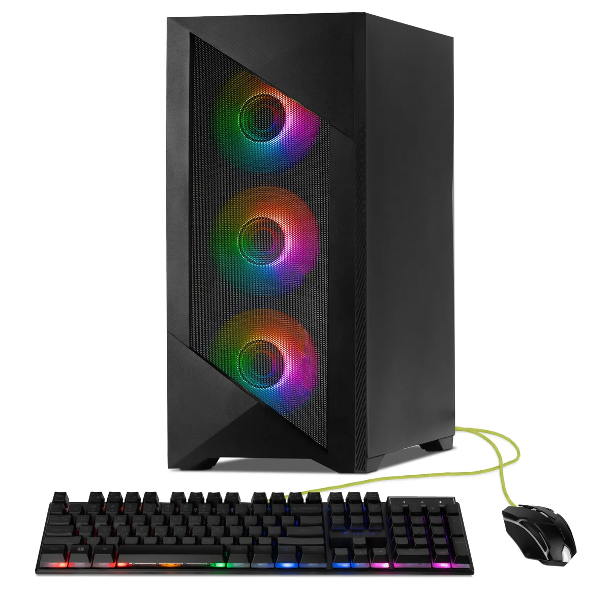 Black mid-tower gaming desktop with front mesh panel and RGB lighting visible inside
