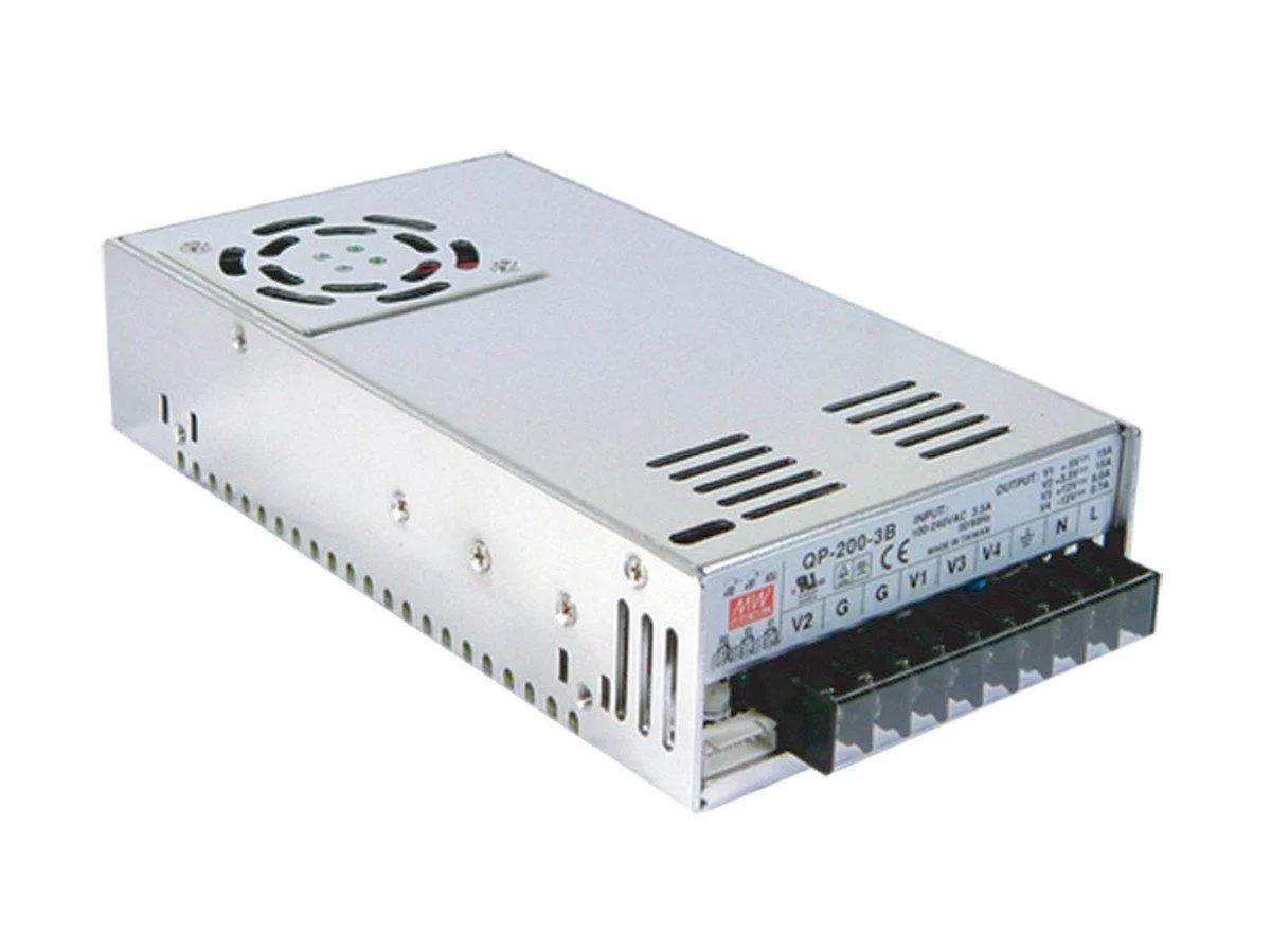 Mean Well QP-200F 200W AT power supply in metal enclosure with built-in DC fan