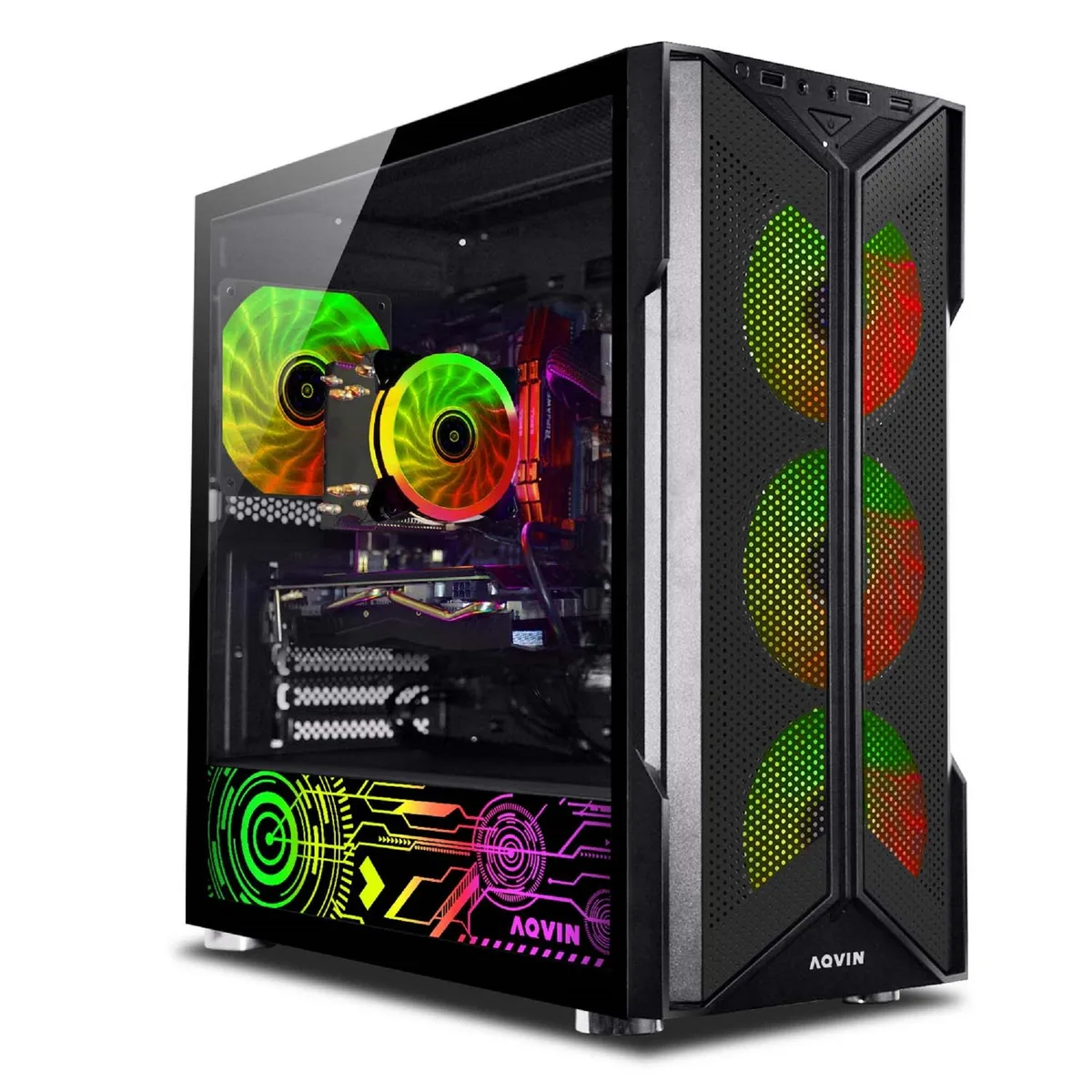 Black AQVIN AQ20 tower with side window, USB keyboard and mouse