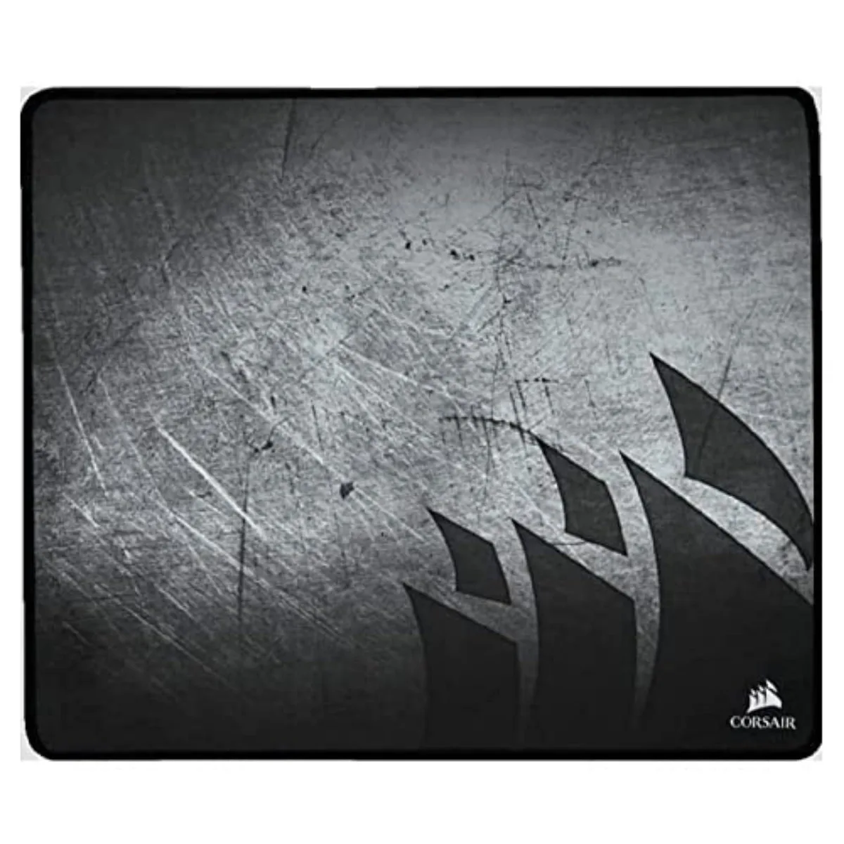 Black rectangular cloth mouse pad with stitched edges and rubber base