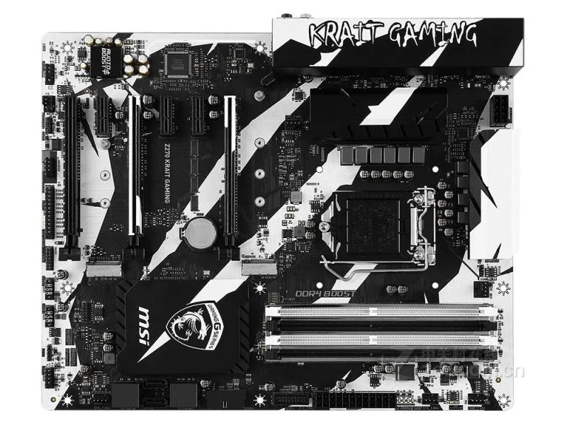 ATX motherboard in black and white with silver heatsinks