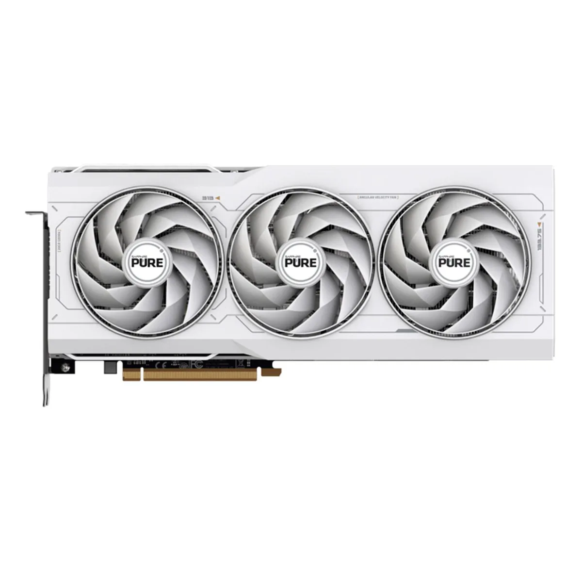White triple-fan graphics card with silver accents, 2.7-slot ATX form factor