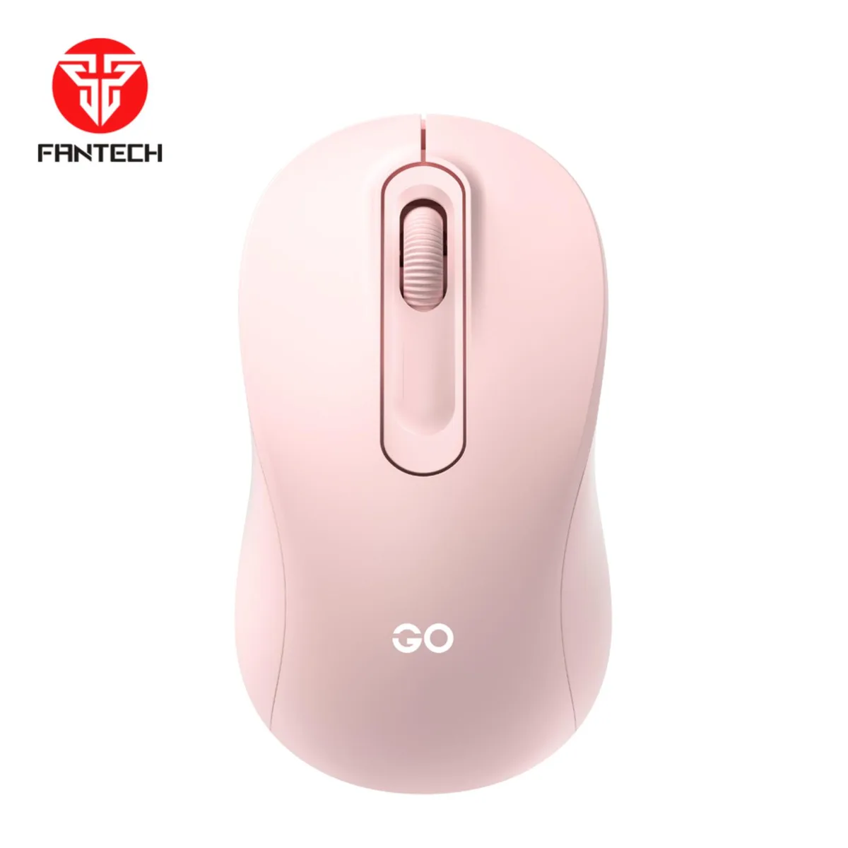 Pink wireless gaming mouse, symmetrical shape, matte finish, USB receiver stored inside