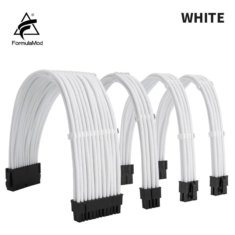 White sleeved PSU cable kit with ATX 24-pin, CPU 8-pin and PCI-E 8-pin connectors, 300 mm length, 18 AWG wire, combs included