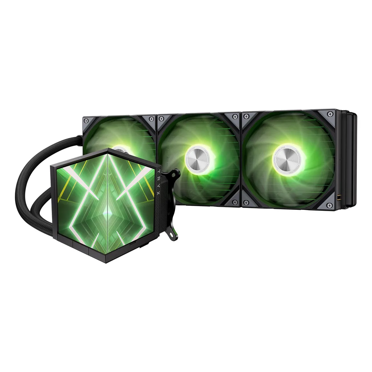 TRYX TRYX L-S360A-DM3M-G0K liquid cooler 360mm dual 4.0″ IPS 720×720 Asetek 7th Gen V2 280W TDP — product photo
