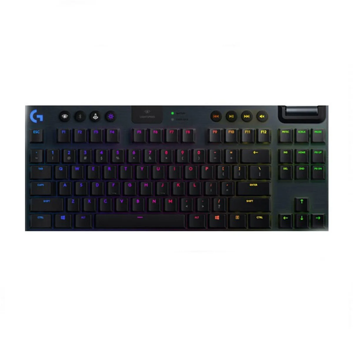 Low-profile black tenkeyless mechanical keyboard with RGB lighting and volume wheel
