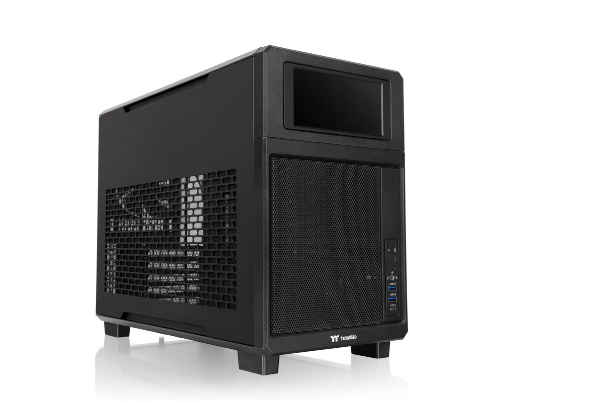 Black micro-ATX case with 6.0 inch LCD screen on front panel, mesh side panel, compact rectangular shape
