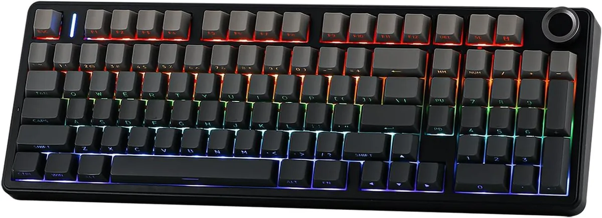 Grey 96% mechanical keyboard with rotary knob, compact rectangular form, matte finish, visible keycaps and side profile