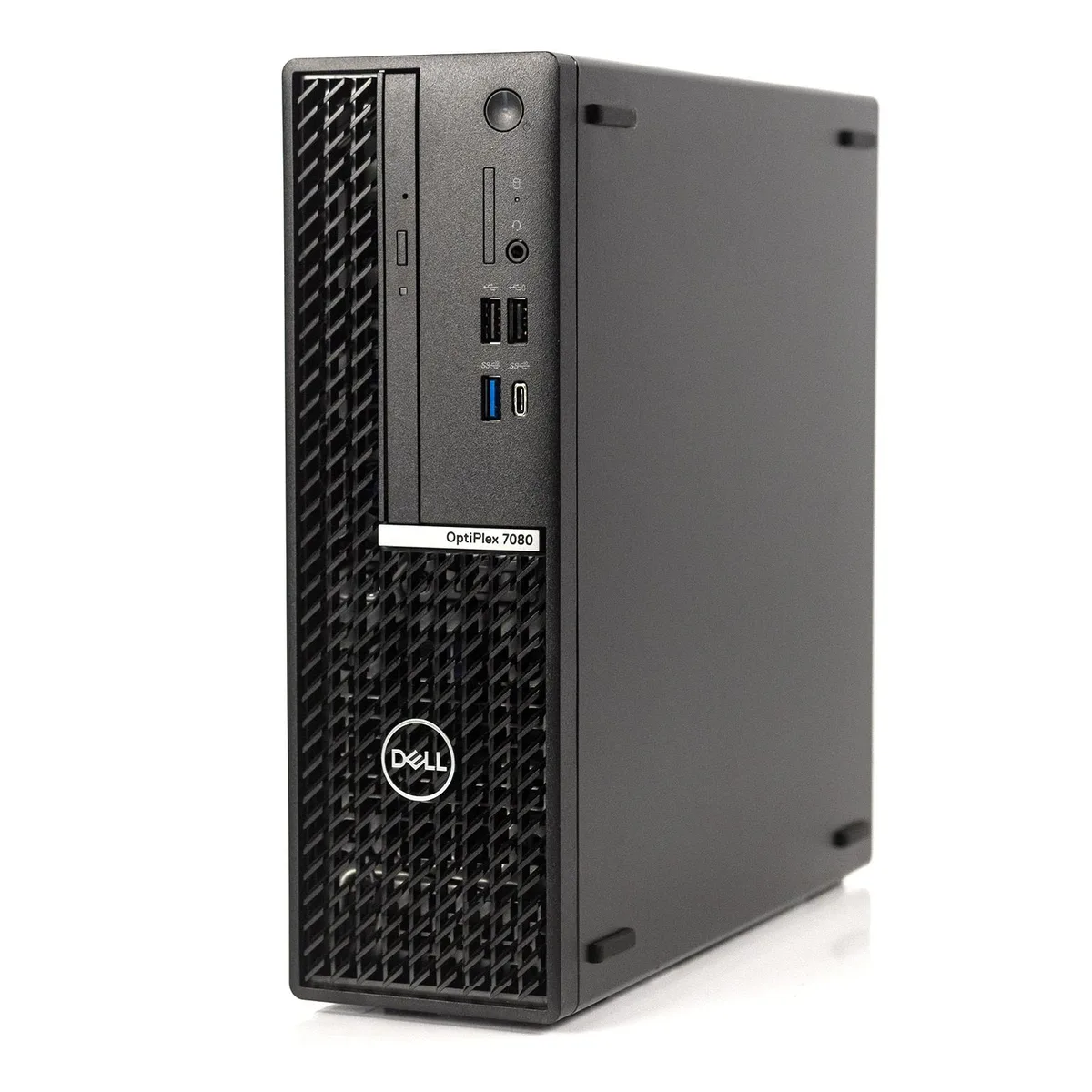 Small black desktop tower with front USB ports and Dell badge