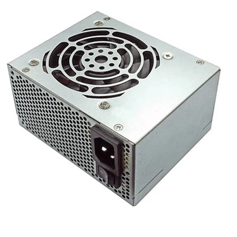 Compact SFX power supply unit with gold finish and visible cooling fan