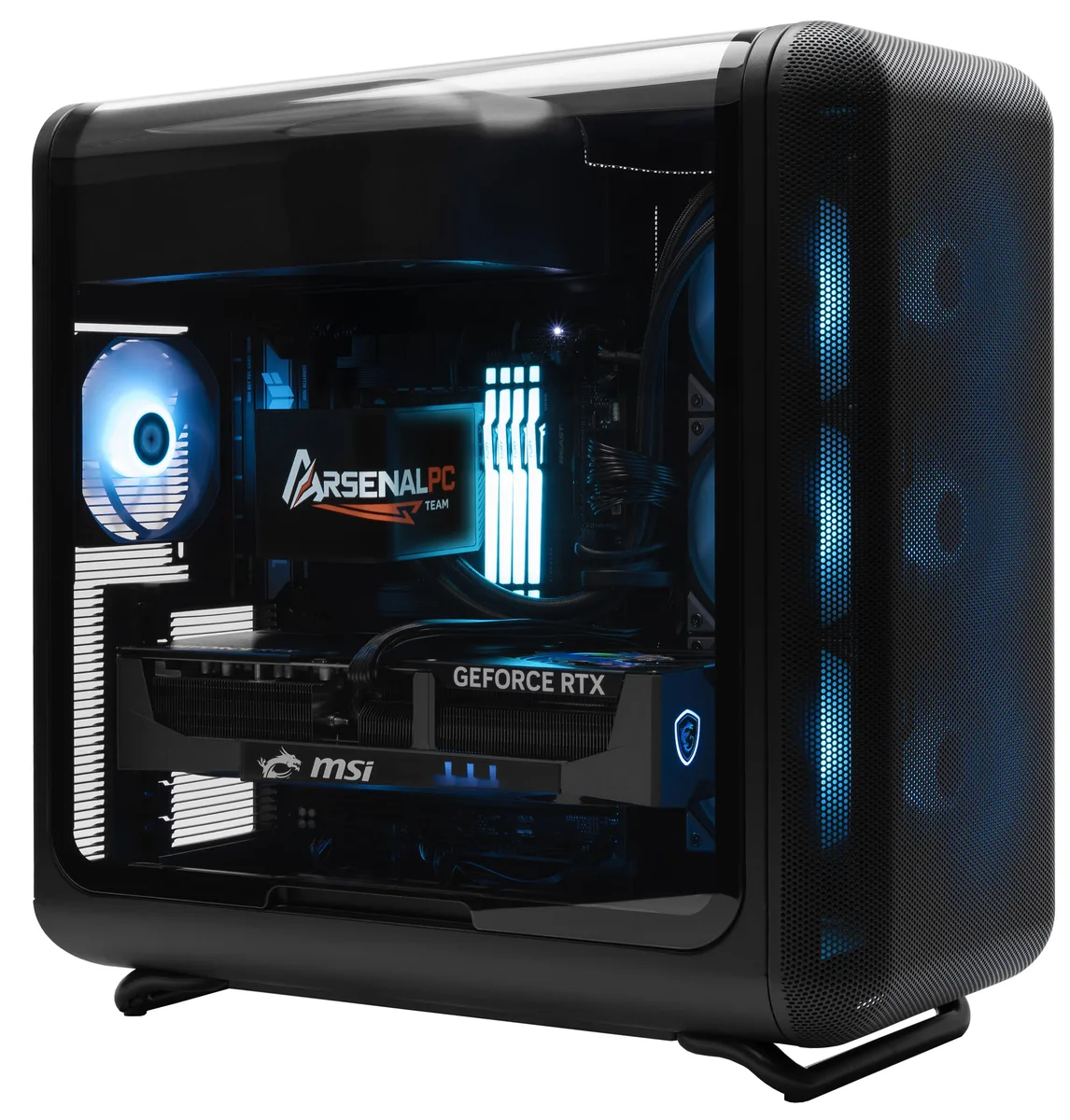 Black mid-tower case with panoramic LCD panel and RGB fans