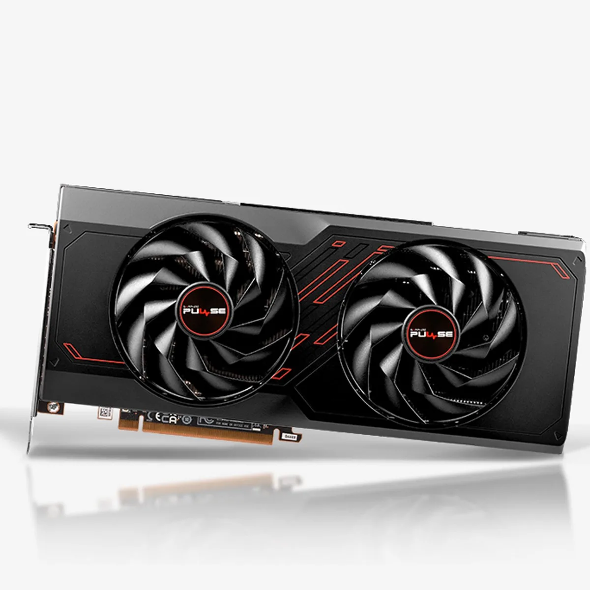 Black dual-fan graphics card with metal backplate, 2.5-slot ATX form factor