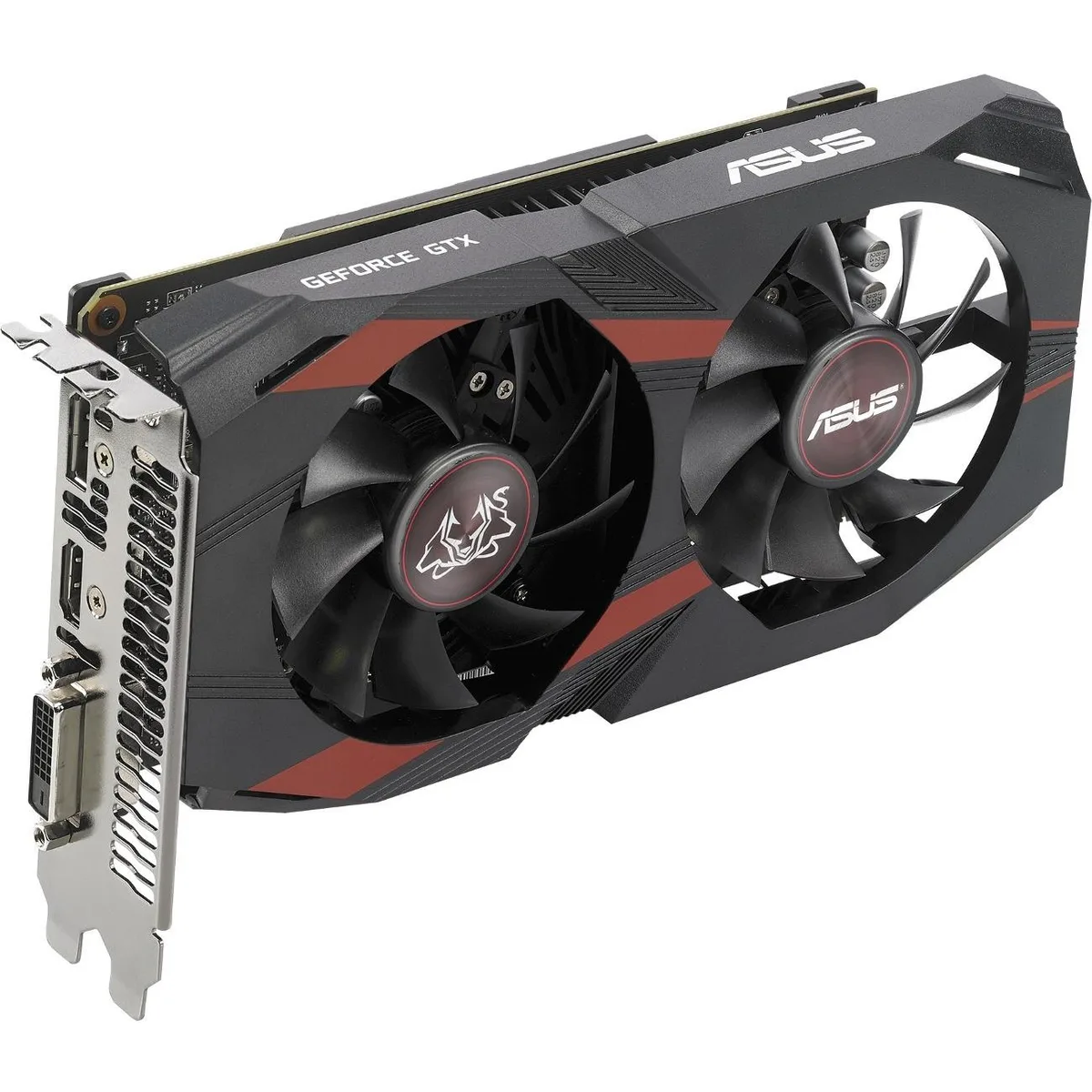 ASUS Cerberus GTX 1050 dual-slot graphics card with black metal backplate and two fans