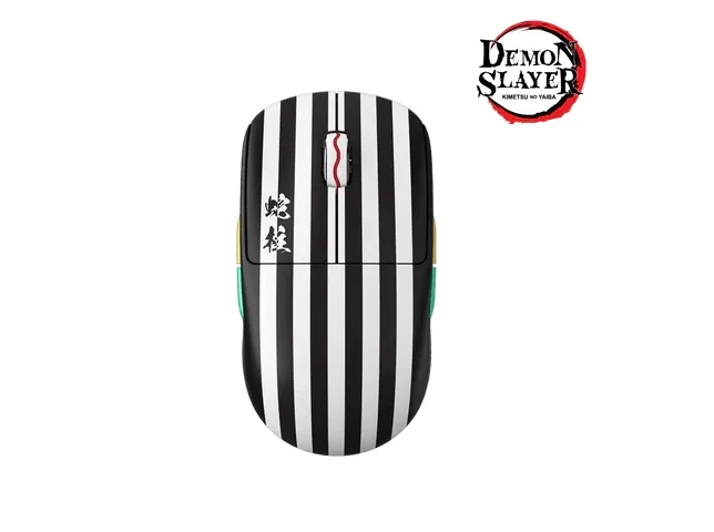 Compact ambidextrous gaming mouse in black and white anime-themed finish with symmetrical low-hump shape