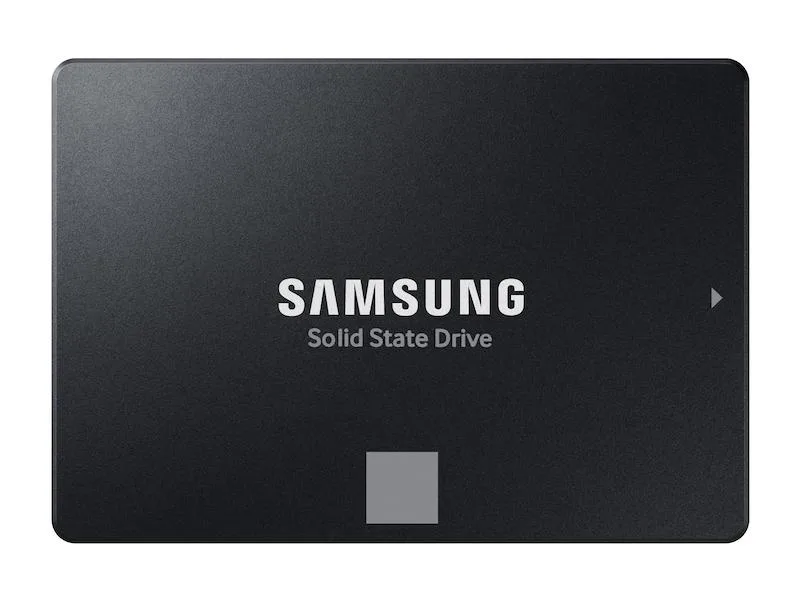 Rectangular 2.5 inch SATA SSD with black metal casing and label