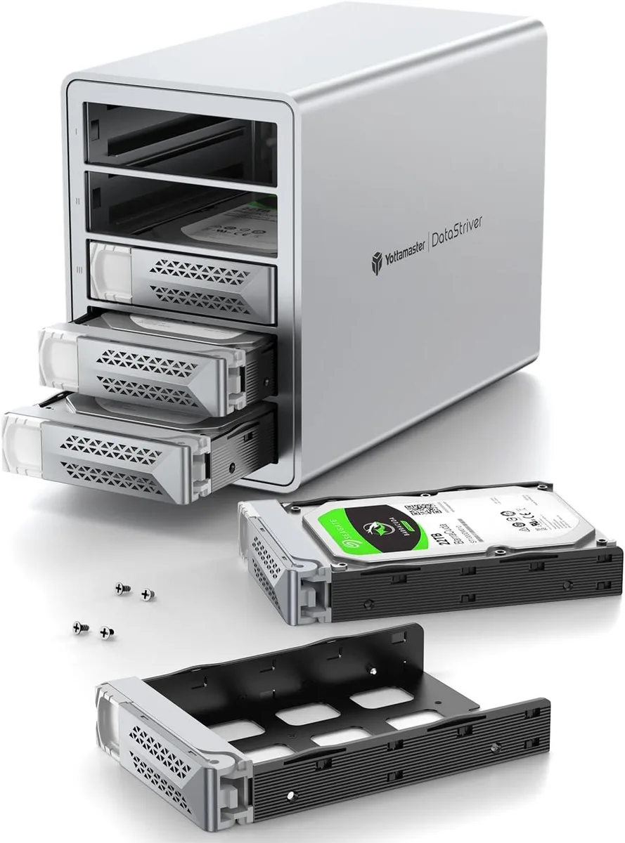 Silver aluminium five-bay RAID enclosure with front drive slots and cooling fan