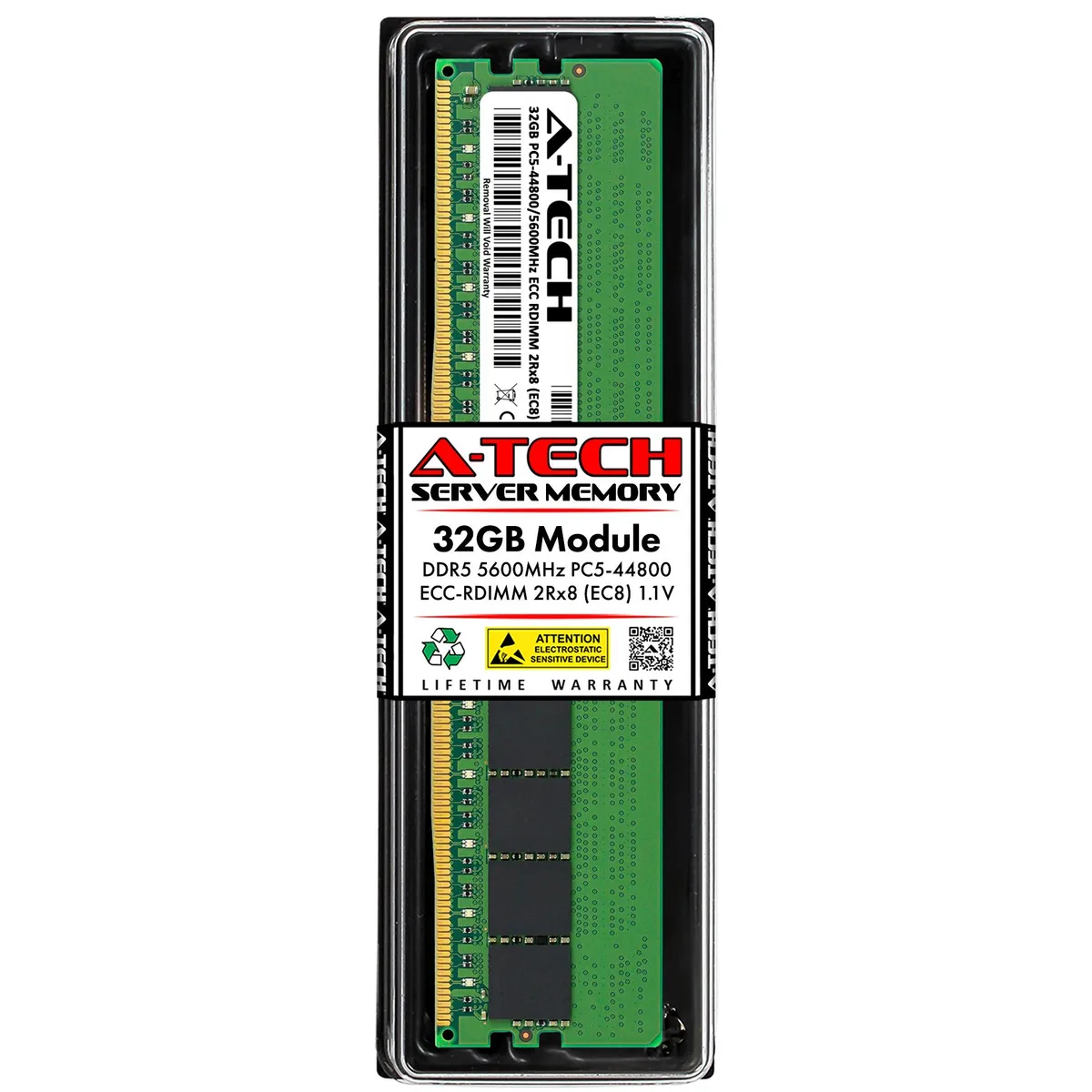 Green bare circuit board DDR5 RDIMM module with black memory chips no heat spreader