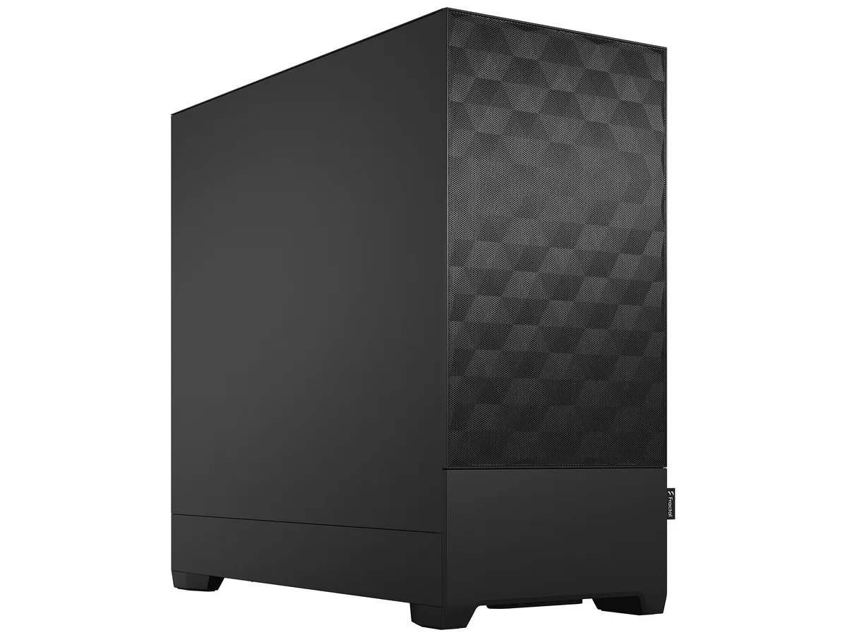 Black steel mid-tower case with hexagonal mesh front panel, solid side panel, three pre-installed 120mm fans