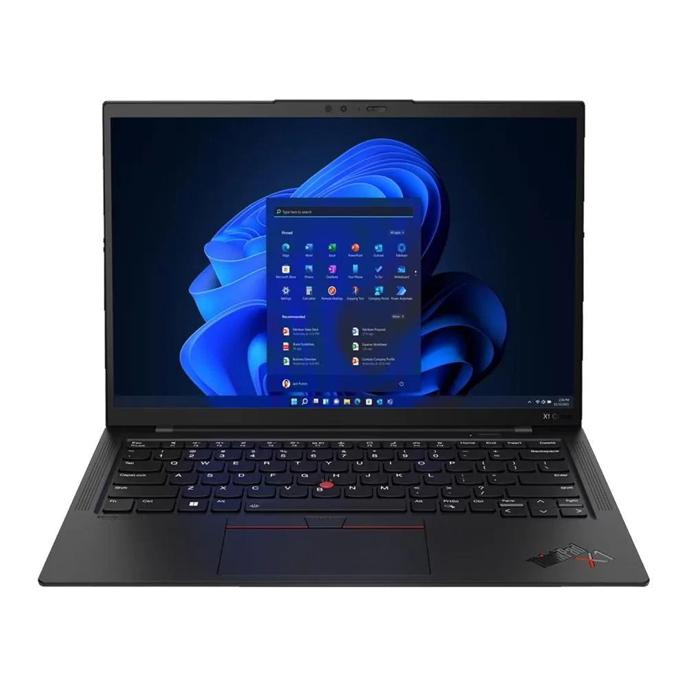Slim 14 inch laptop, matte black carbon fibre chassis, non touch display, silver ThinkPad logo, compact keyboard with red TrackPoint