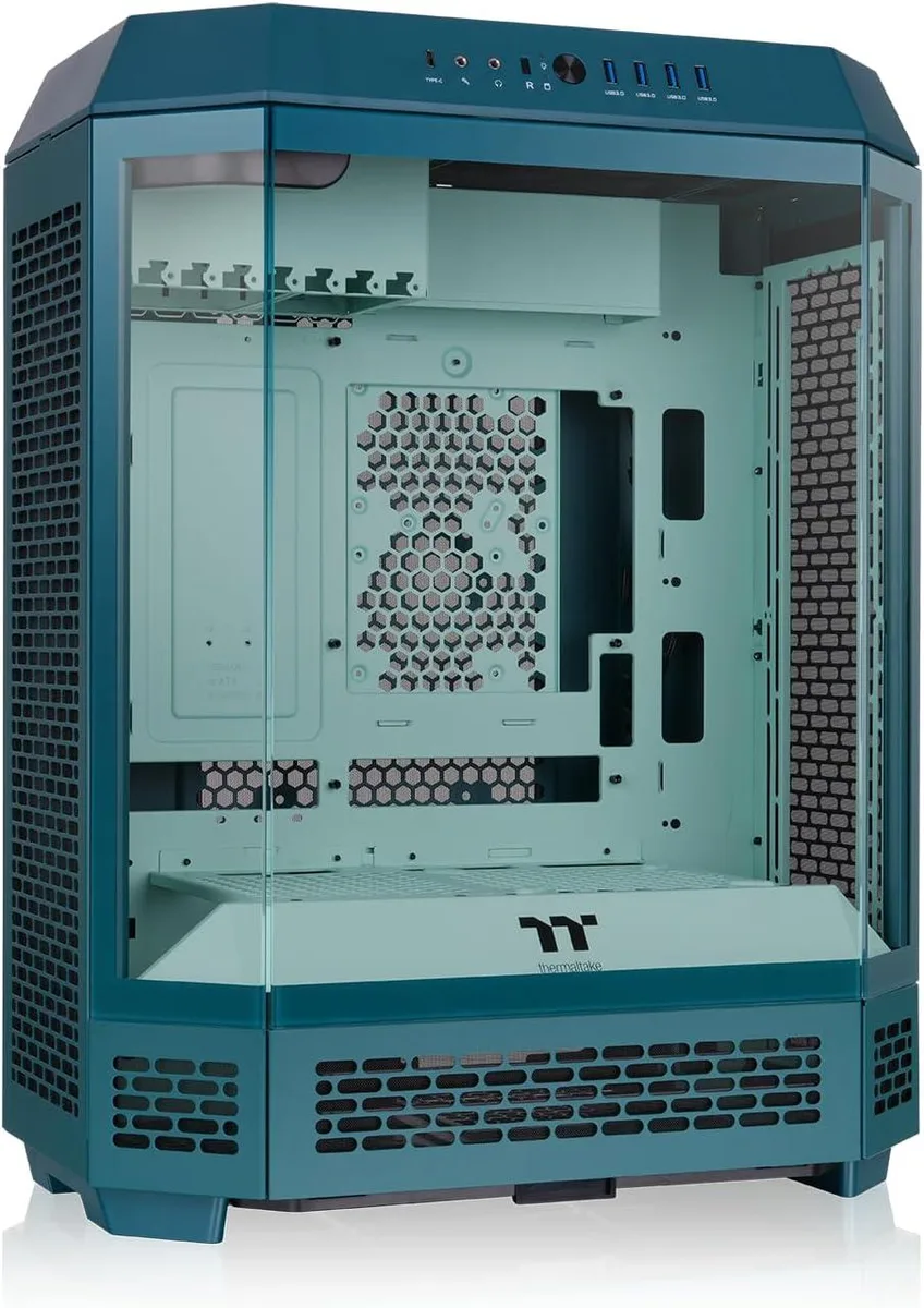 Teal octagonal mid-tower case, vertical or horizontal orientation