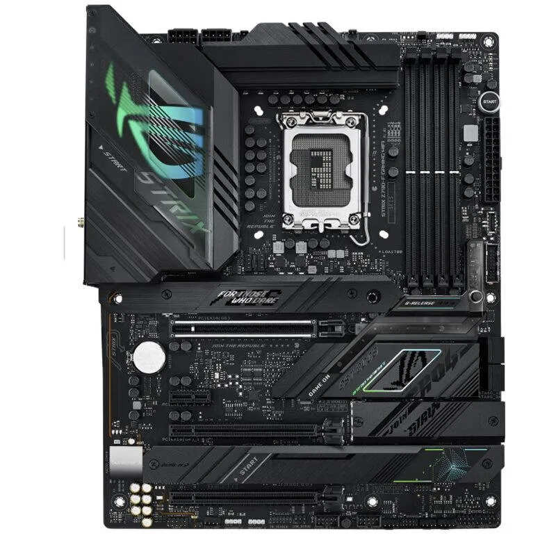 Black ATX motherboard with silver heatsinks and a rear I/O shield visible