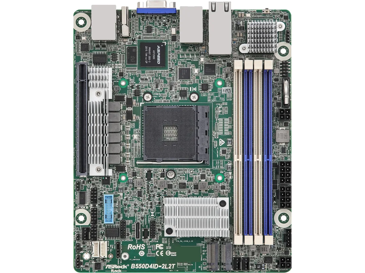 Green mini-ITX server board, AM4 socket, four DDR4 slots, dual 10GbE RJ45 ports, deep form factor