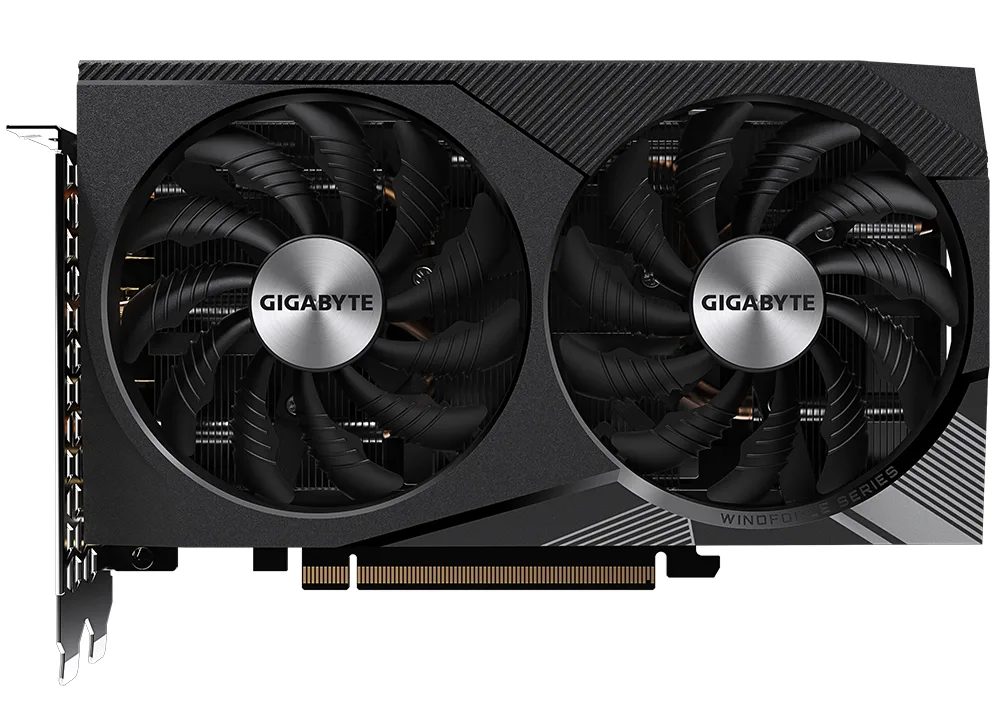 Dual-fan graphics card with silver shroud and black backplate, compact ATX form factor